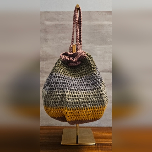 Handmade Handbags - Crochet Drawstring Backpack - Purple & Gray